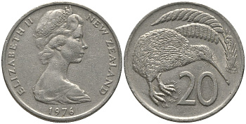 Новая Зеландия 20 центов 1976 Елизавета II (1952-2022), птичка киви KM 36.1 медно-никель 81-616
