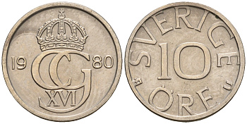 Швеция 10 эре 1980 Карл XVI Густав (1973- ) KM 850 медно-никель UNC 4608-415