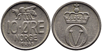 НОРВЕГИЯ 10 ЭРЕ 1965 ПЧЕЛА KM 411 медно-никель 4387-821