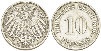 ГЕРМАНИЯ 10 ПФЕННИГОВ 1906 A KM 12, J. 13, Weege 8 медно-никель 212-831