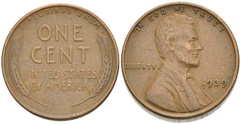 США 1 ЦЕНТ 1939 ЛИНКОЛЬН KM 132 бронза 218-358