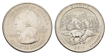 США 25 центов (квотер, 1/4 доллара) 2011 D, Квотеры «Парки США» - Национальный парк Олимпик KM 496 медь плакированный медно-никелем UNC 4629-217