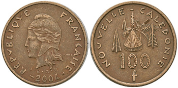 Французская Новая Каледония 100 франков 2004 хижина среди сосен и пальм, (IEOM) KM 15, Schoen 16, Lec 139h никель латунь 4149-442