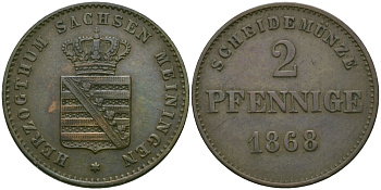 Саксен-Мейнинген 2 пфеннига 1868 Георг II (1866-1914) KM 174 медь 99-655