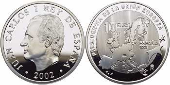 Испания 10 евро 2002 Председательство Испании в Евросоюзе, карта KM 1048 серебро PROOF 11-149-14
