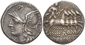 Римская Республика денарий 137 г. до н.э. монетарий М. Бебий Тампил, голова Ромы / Аполлон в квадриге, Рим, GOOD VERY FINE, 3,62 гр Crawf. 236/1 a; Syd. 489 серебро 1073-7-23
