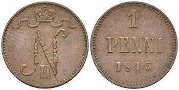 РОССИЯ ДЛЯ ФИНЛЯНДИИ 1 ПЕННИ 1915 НИКОЛАЙ II KM 13, Биткин 475 медь 4396-1438