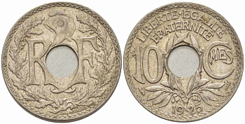 ФРАНЦИЯ 10 САНТИМОВ 1925 ТИП ЛИНДАЙЁ KM 866а, LE FRANC 138.12 медно-никель 108-152