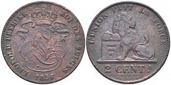 БЕЛЬГИЯ 2 САНТИМА 1856 BELGES KM 4.2 медь 110-535