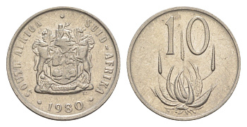 ЮАР 10 центов 1980 герб, цветок алоэ KM 85 никель 4621-856