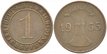 ГЕРМАНИЯ 1 РЕЙХСПФЕННИГ 1935 E KM 37, J 313 бронза 4532-531