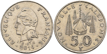 Французская Новая Каледония 50 франков 2014 хижина среди сосен и пальм, (IEOM) KM 13a, Schoen 15a, Lec 128i медно-никель 4111-1132