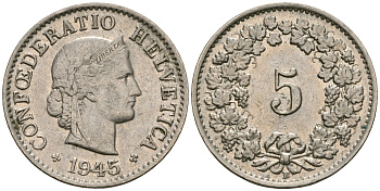 Швейцария 5 раппенов 1945 В KM 26 медно-никель 4608-1039
