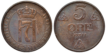 Норвегия 5 эре 1930 Хокон VII (1905-1957) KM 368 бронза    4116-724