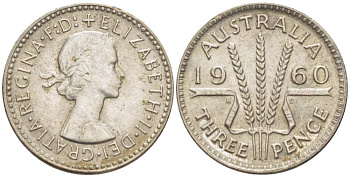 Австралия 3 пенса 1960 m, Елизавета II (1952-2022) KM 57 серебро UNC 4516-154