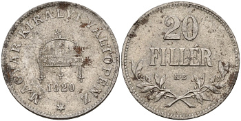 Венгрия 20 филлеров 1920 КВ, Карл I (1916-1918), редкий год KM 498 железо 4151-1036