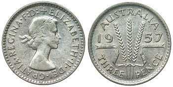 Австралия 3 пенса 1957 m, Елизавета II (1953-) KM 57 серебро 71-528