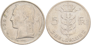 БЕЛЬГИЯ 5 ФРАНКОВ 1968 BELGIQUE KM 134.1 медно-никель 4556-425
