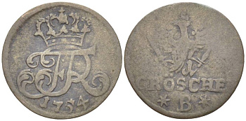 Силезия 1 грош 1754 B, Фридрих II Прусский (1740-1786), вес 0,48 гр., монетный двор Бреслау KM 3, Olding 325 серебро 1517-1233