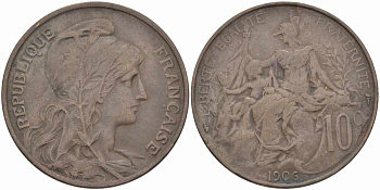 ФРАНЦИЯ 10 САНТИМОВ 1906 ТИП ДАНИЭЛЬ ДЮПЮИ KM 843, LA FRANC 136.16 бронза 109-225