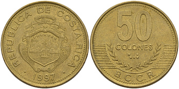 КОСТА-РИКА 50 КОЛОН 1997 а KM 231 латунь 82-211