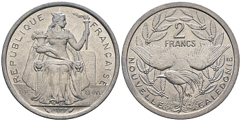 Французская Новая Каледония 2 франка 1977  KM 14 алюминий  UNC  4610-452