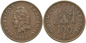 Французская Новая Каледония 100 франков 1991 хижина среди сосен и пальм, (IEOM) KM 15, Schoen 16, Lec 136 никель бронза 88-721