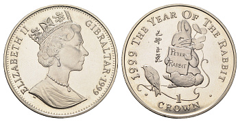 Гибралтар 1 крона 1999 Год Кролика KM 783.1 медно-никель BU 1524-1944