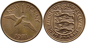 Гернси 1 пенни 1971 Елизавета II (1952-2022), северная олуша в полете KM 21 бронза UNC 53-121