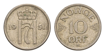 Норвегия 10 эре 1951 Хокон VII (1905-1957) KM 396 медно-никель 4632-1138