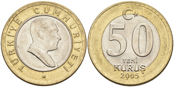 Турция 50 курушей 2005 Кемаль Ататюрк KM 1168 биметалл аUNC 4561-115