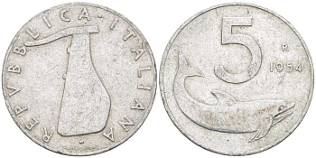 ИТАЛИЯ 5 ЛИР 1954 R, РУЛЬ, ДЕЛЬФИН KM 92 алюминий 95-726