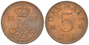 Дания 5 эре 1980 B; S, Маргрете II (1972-) KM 859 железо плакированная медью aUNC 211-231