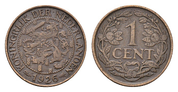 Нидерланды 1 цент 1926 Вильгельмина (1890-1948) KM 152 бронза 4674-1132