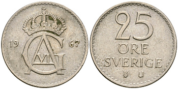 Швеция 25 эре 1967 U, Карл XVI Густав (1973- ) KM 836 медно-никель 4364-3629