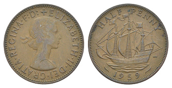 Великобритания 1/2 пенни 1959 Елизавета II (1952-2022) KM?896, Spink?4158 бронза 4641-954