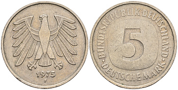 ФРГ 5 марок 1975 F, монетный двор Штутгарт КМ 140.1, J. 415 медно-никель плакированный никелем 85-1146