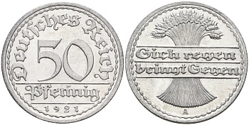 Германия 50 пфеннигов 1921 A KM 27, J.301, Weege 10 алюминий UNC 4584-842