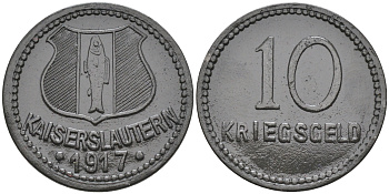 ГЕРМАНИЯ ПФАЛЬЦ КАЙЗЕРЗЛАУТЕРН 10 ПФЕННИГОВ 1917 КРИГСГЕЛЬД цинк 75-1643