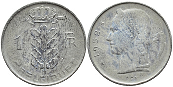 БЕЛЬГИЯ 1 ФРАНК 1952 BELGIQUE KM 142.1 медно-никель 4388-127