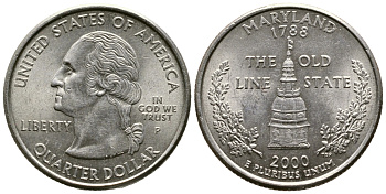 США 25 центов = квотер 2000 Р, серия штаты США, Мэриленд KM 306 медь плакированная медно-никелем 4610-551