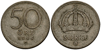 Швеция 50 эре 1944 Густав V (1907-1950) KM 817 серебро 4177-924
