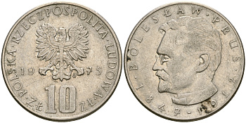 Польша 10 злотых 1975 MW, Болеслав Прус KM 73, Parchimowicz 242a медно-никель 4364-1732