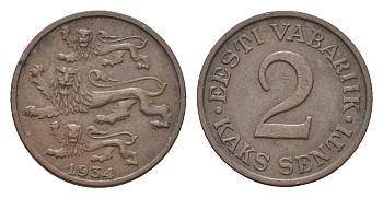 Эстония 2 сента 1934 год-тип KM 15 бронза 4668-623