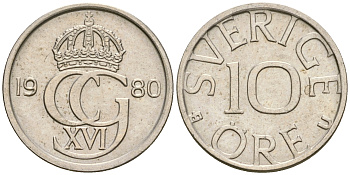 Швеция 10 эре 1980 Карл XVI Густав (1973- ) KM 850 медно-никель 4364-3628