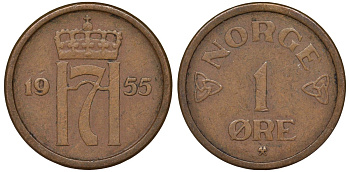 Норвегия 1 эре 1955 Хокон VII (1905-1957) KM 398 бронза 4164-118