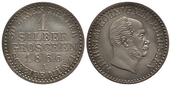 ПРУССИЯ 1 ГРОШ 1866 A KM 485, Jaeger 89, AKS 103 серебро 1522-914