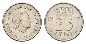 Нидерланды 25 центов 1965 Юлиана (1948-1980) KM 183 никель 4658-842