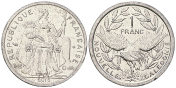 Французская Новая Каледония 1 франк 2015 птица кагу, (IEOM) KM 10, Schoen 10 алюминий 33-745