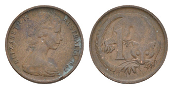 Австралия 1 цент 1967 Елизавета II (1952-2022), молодой портрет, опоссум KM 62 бронза 4585-155